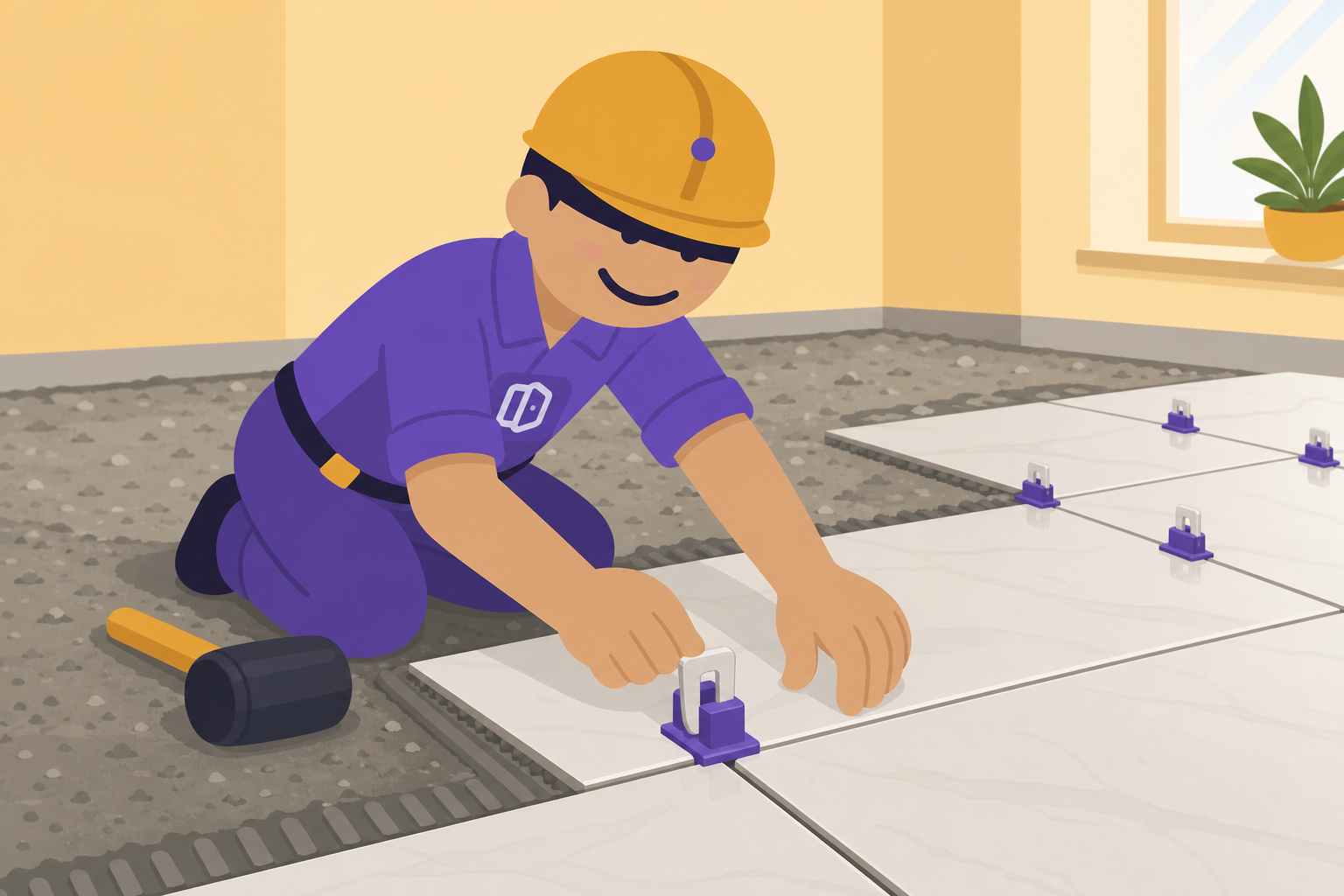Tangan tukang memasang tile spacer di antara keramik untuk meratakan permukaan lantai