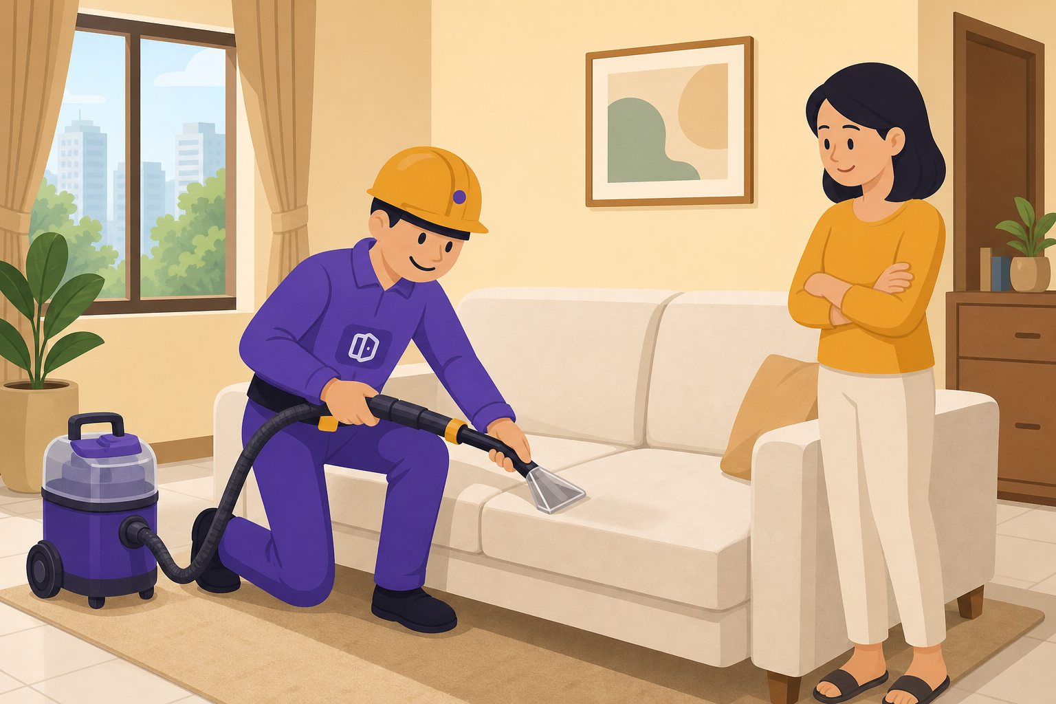 Yukser technician in purple shirt cleaning a fabric sofa with a professional extraction machine in a Jakarta living room