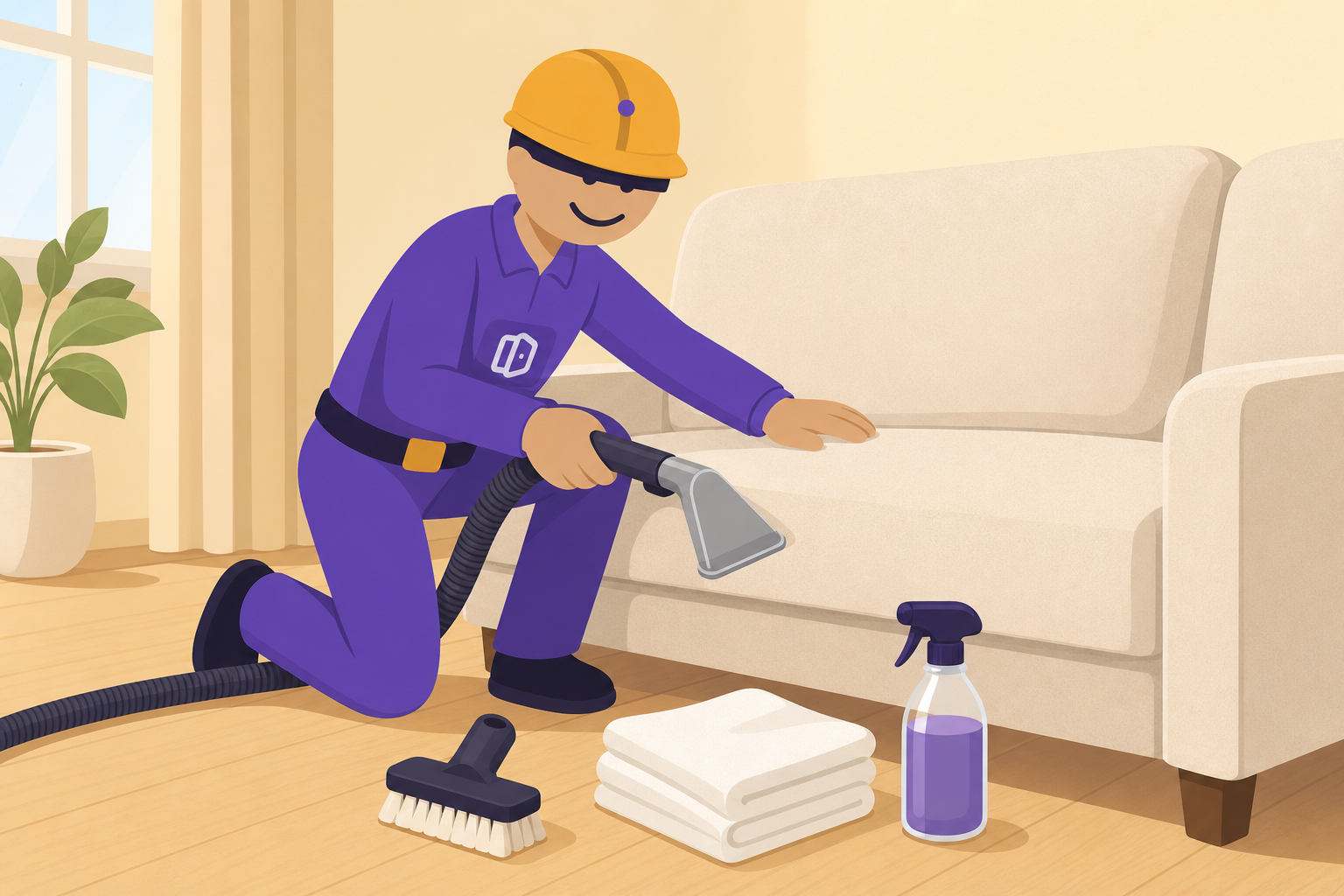 DIY sofa-cleaning tools including a vacuum nozzle, soft brush, microfiber cloths, and upholstery cleaner spray bottle arranged beside a fabric sofa