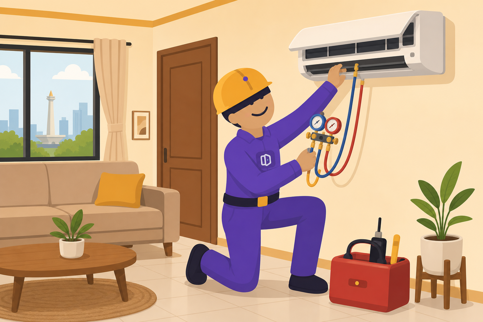 Yukser technician in purple shirt inspecting a wall-mounted AC unit in a Jakarta living room