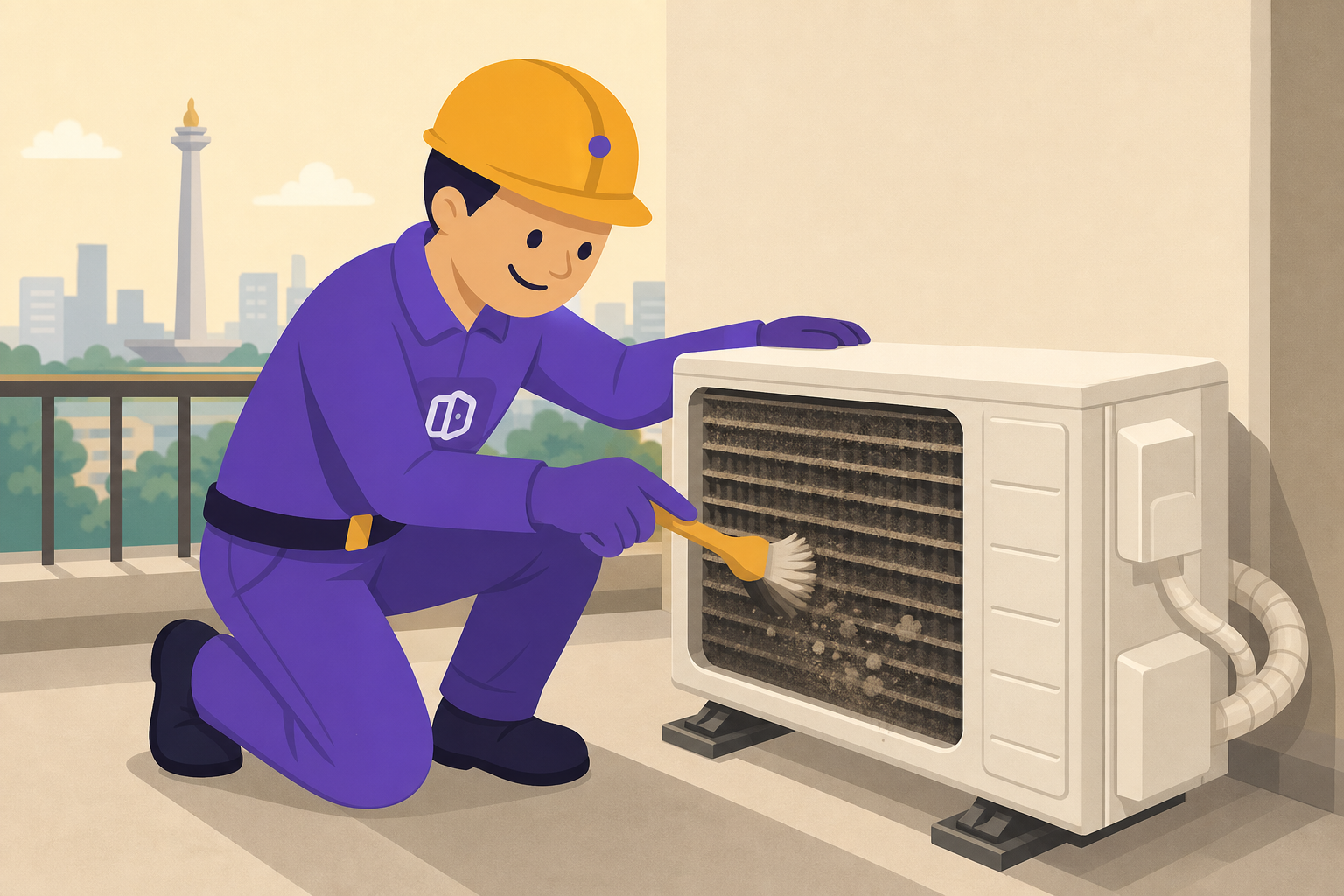 Yukser technician cleaning a dirty outdoor AC condenser unit