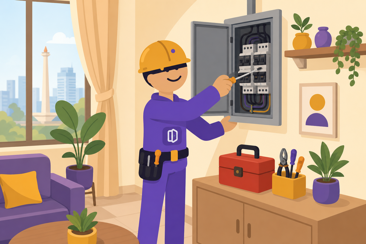 Tukang listrik profesional sedang memeriksa panel listrik di rumah modern Jakarta