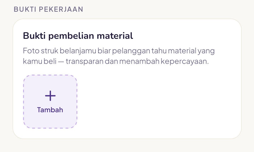 Bagian Bukti pembelian material di halaman pesanan