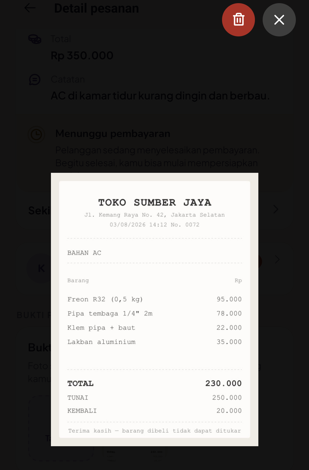 Struk terbuka besar dengan tombol hapus di pojok kanan atas